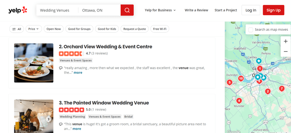 Yelp wedding venue search results
